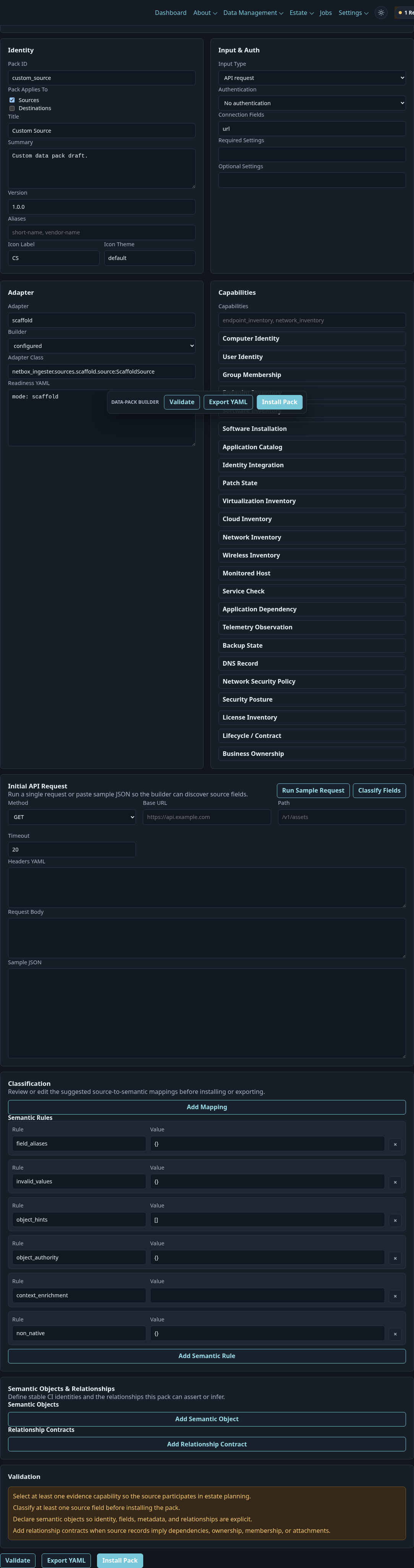 Real VeridataOps data pack builder screenshot showing pack identity, input and authentication settings, capabilities, and semantic mapping sections.