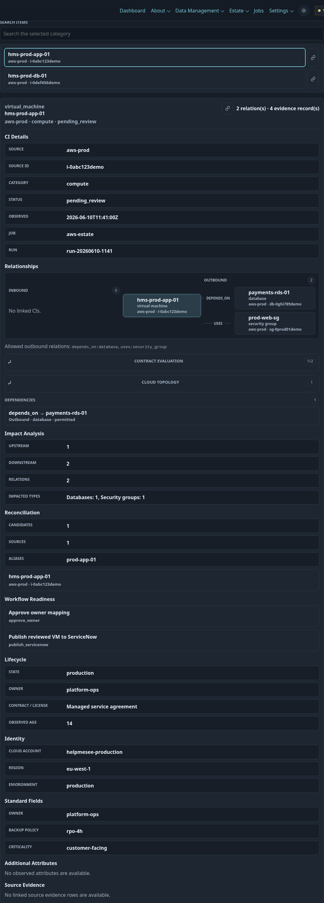 Real VeridataOps Evidence Explorer screenshot showing a virtual machine with source metadata, relation map, readiness checks, and publish actions.
