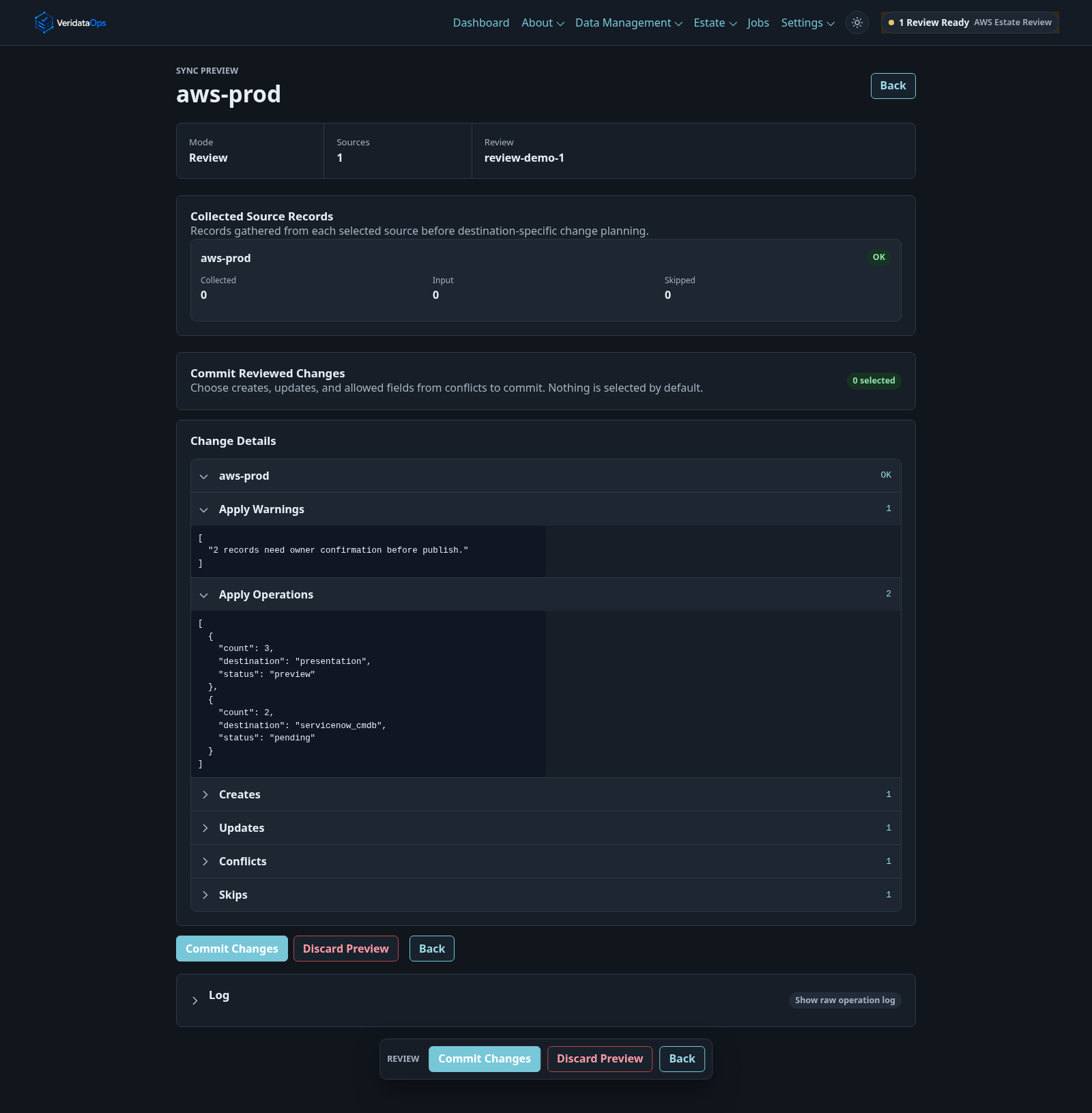 Real VeridataOps review workflow screenshot showing grouped change categories, apply warnings, and pending destination operations.